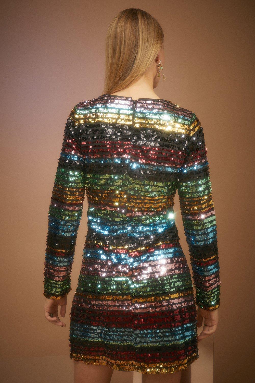 Petite Rainbow Stripe Sequin Mini Dress ...